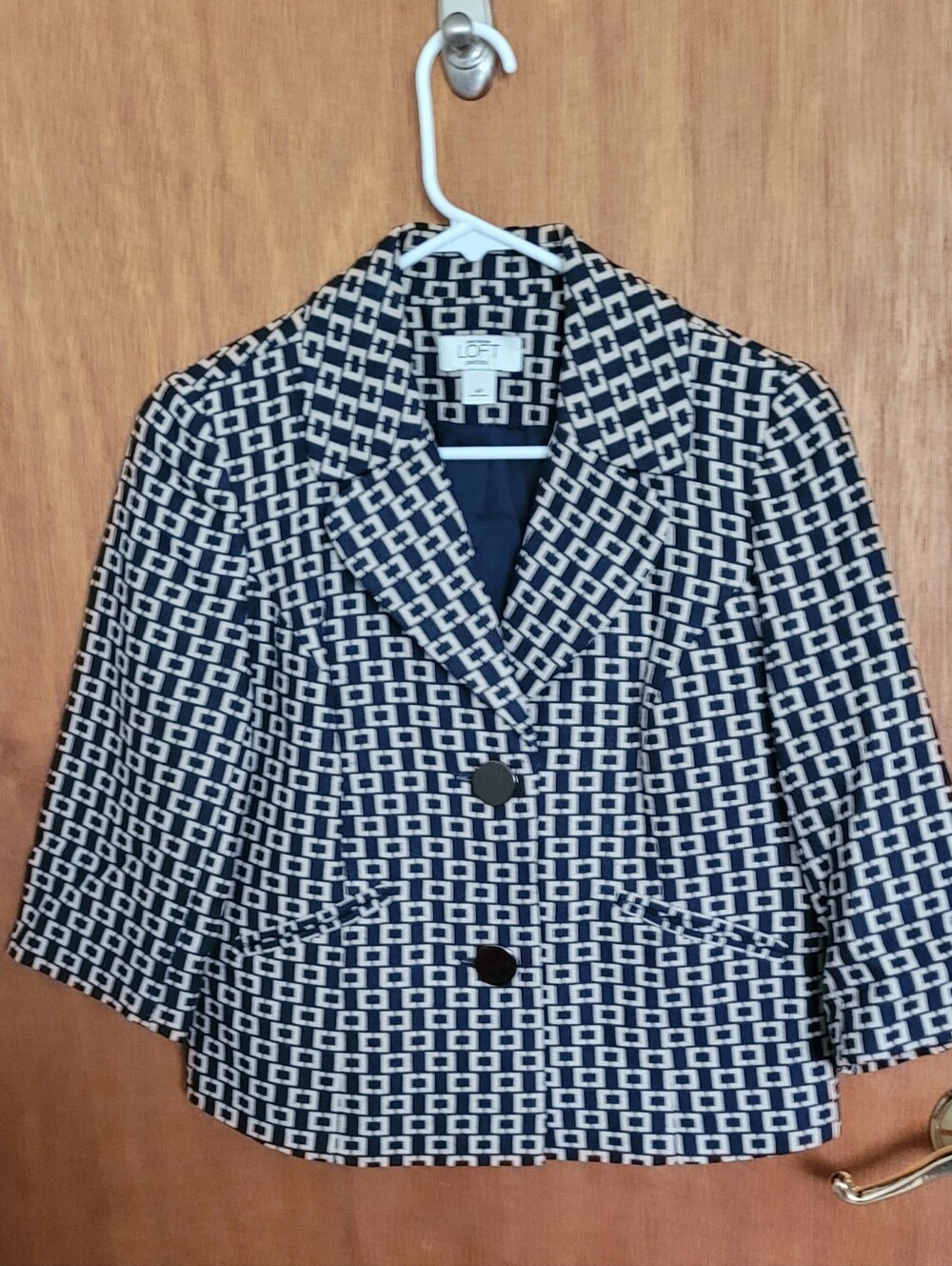 LOFT Navy and White Geometric Cropped Blazer